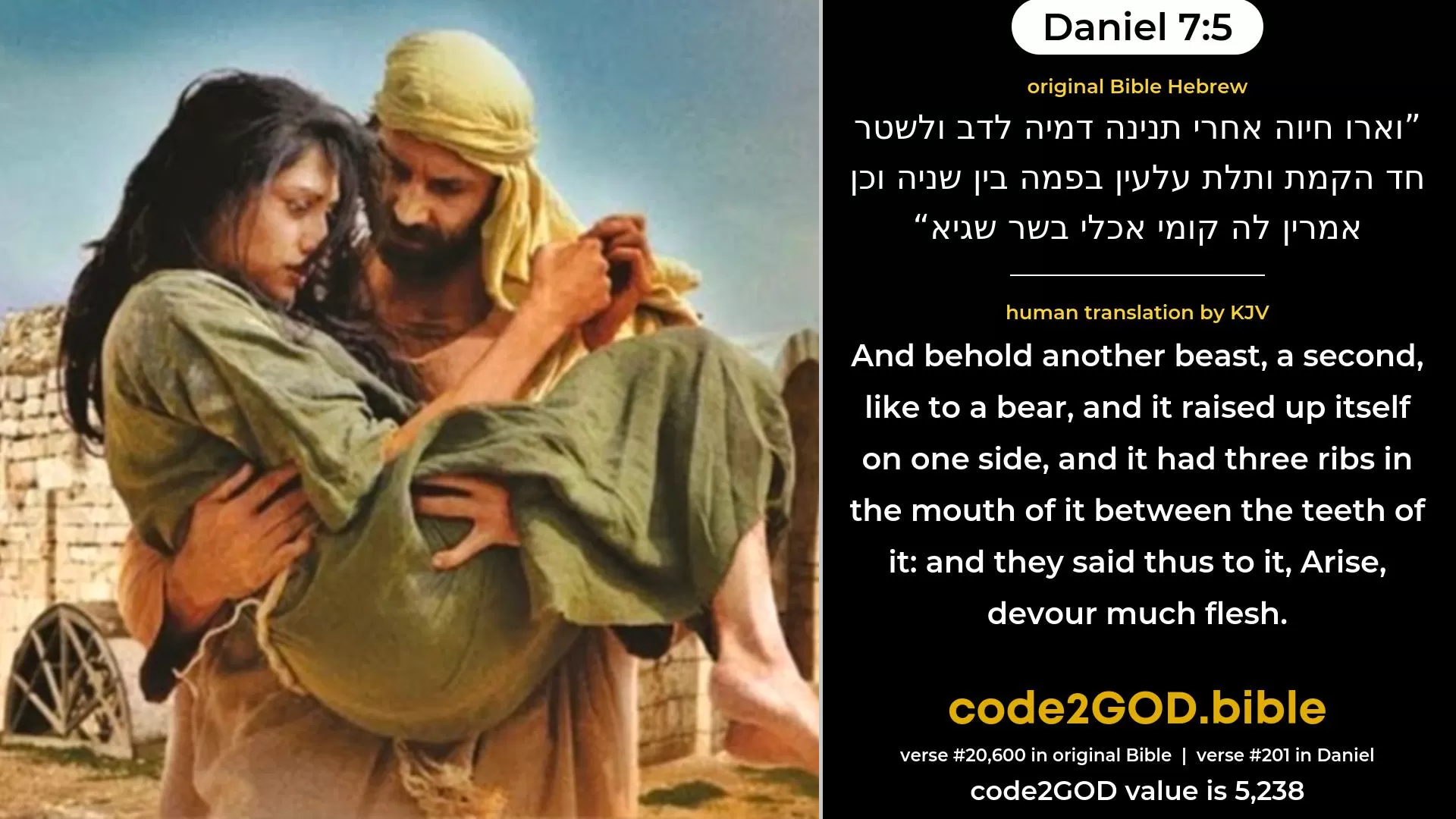 Daniel 7-5≈ original Bible וארו חיוה אחרי תנינה דמיה לדב ולשטר חד הקמת ותלת עלעין בפמה בין שניה וכן אמרין לה קומי אכלי בשר שגיא code2GOD
