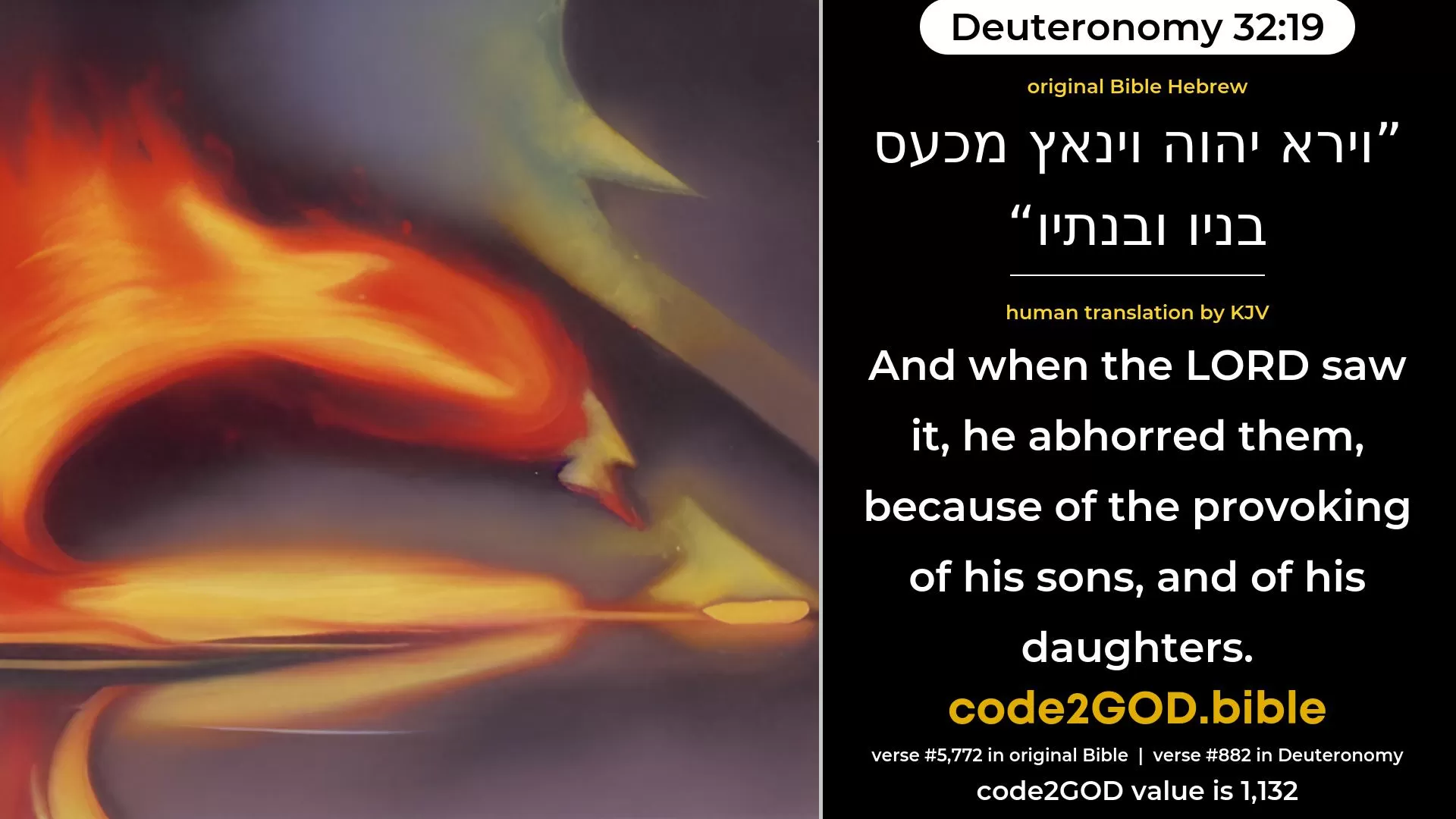 Deuteronomy 32-19≈And the LORD saw, and spurned, Because of the provoking of His sons and His daughters. original Bible וירא יהוה וינאץ מכעס בניו ובנתיו code2GOD