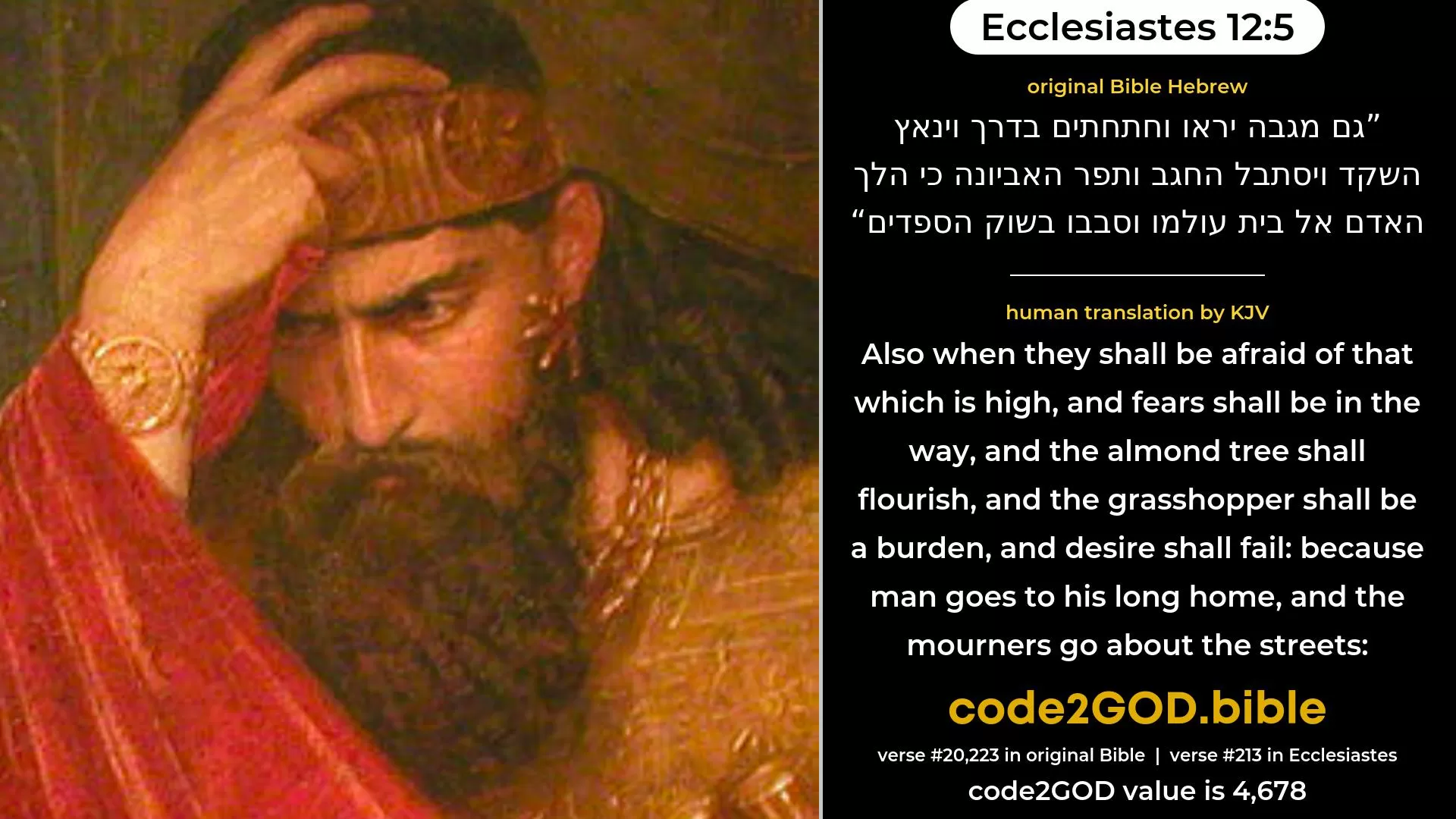 Ecclesiastes 12-5≈ original Bible גם מגבה יראו וחתחתים בדרך וינאץ השקד ויסתבל החגב ותפר האביונה כי הלך האדם אל בית עולמו וסבבו בשוק הספדים code2GOD