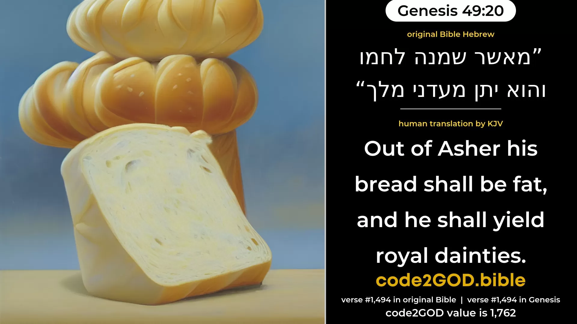 Genesis 49-20≈As for Asher, his bread shall be fat, And he shall yield royal dainties. original Bible מאשר שמנה לחמו והוא יתן מעדני מלך code2GOD