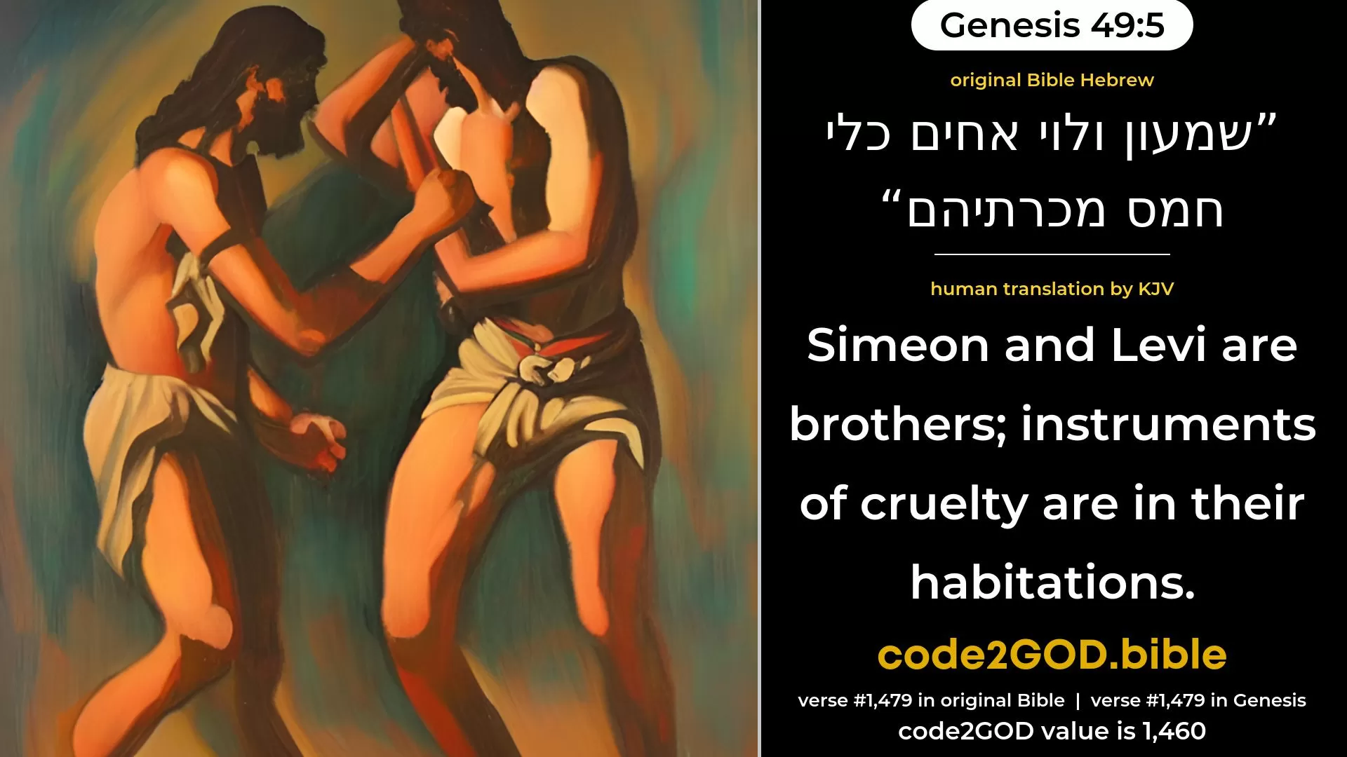 Genesis 49-5≈Simeon and Levi are brethren; Weapons of violence their kinship. original Bible שמעון ולוי אחים כלי חמס מכרתיהם code2GOD