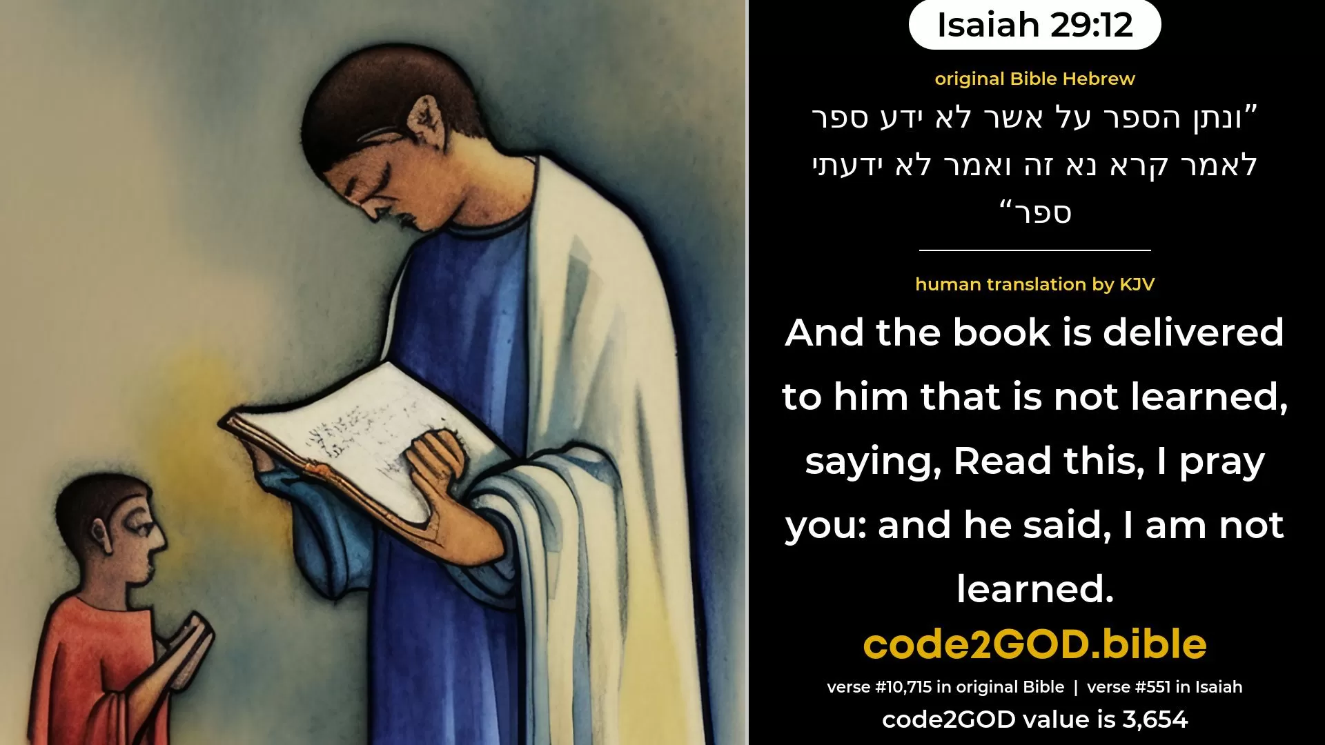 Isaiah 29-12≈and the writing is delivered to him that is not learned, saying: ‘Read this, I pray thee’; and he saith: ‘I am not learned.’ original Bible ונתן הספר על אשר לא ידע ספר לאמר קרא נא זה ואמר לא ידעתי ספר code2GOD