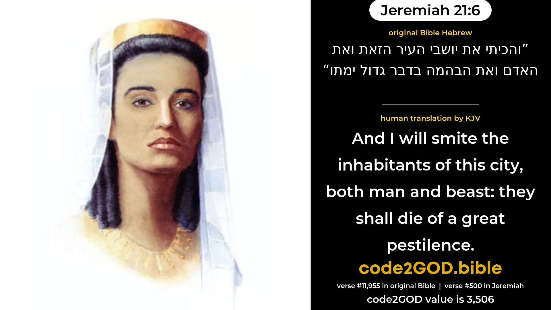 Jeremiah 21-6≈And I will smite the inhabitants of this city, both man and beast; they shall die of a great pestilence. original Bible והכיתי את יושבי העיר הזאת ואת האדם ואת הבהמה בדבר גדול ימתו code2GOD