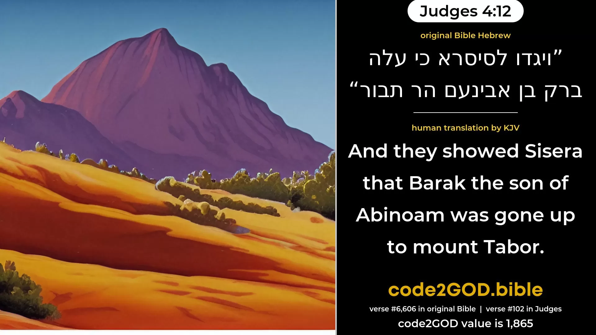 Judges 4-12≈And they told Sisera that Barak the son of Abinoam was gone up to mount Tabor. original Bible ויגדו לסיסרא כי עלה ברק בן אבינעם הר תבור code2GOD