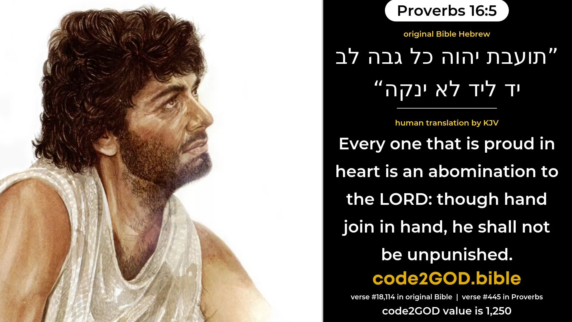 Proverbs 16-5≈Every one that is proud in heart is an abomination to the LORD; My hand upon it! he shall not be unpunished. original Bible תועבת יהוה כל גבה לב יד ליד לא ינקה code2GOD