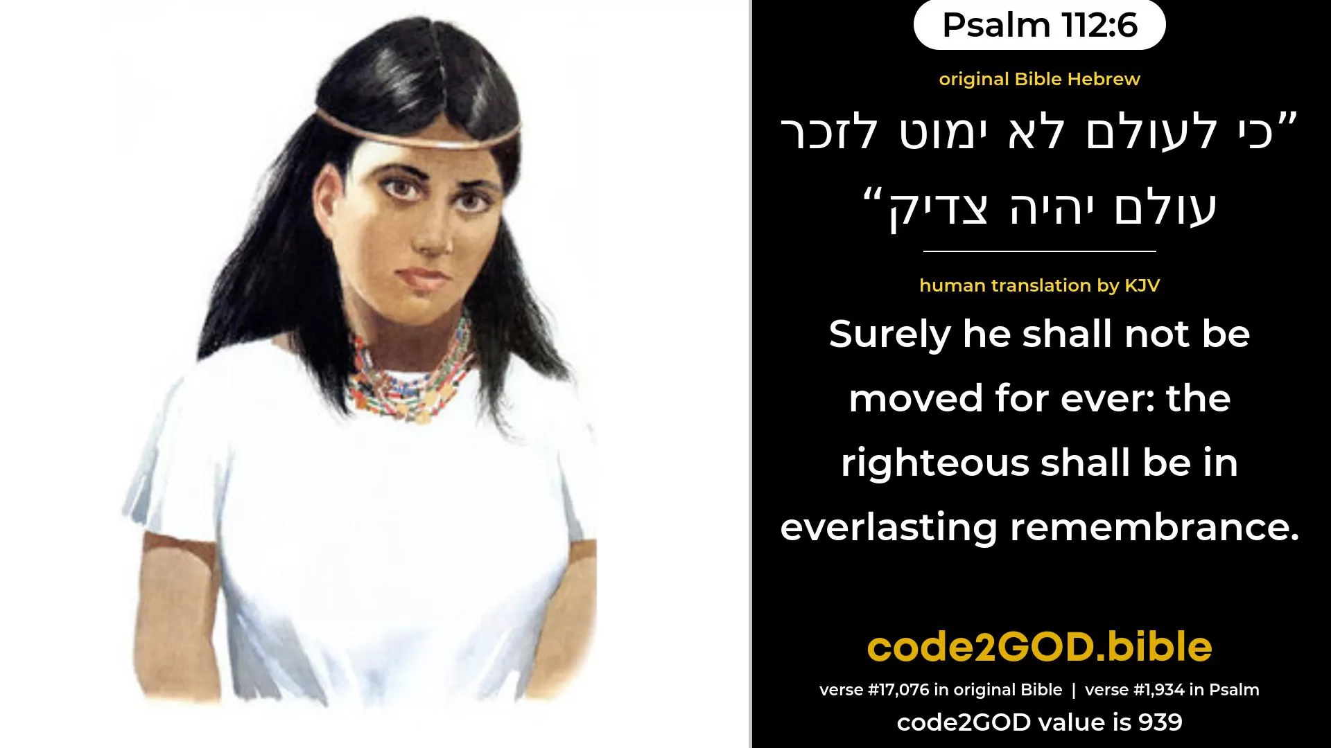Psalm 112-6≈For he shall never be moved;  The righteous shall be had in everlasting remembrance. original Bible כי לעולם לא ימוט לזכר עולם יהיה צדיק code2GOD